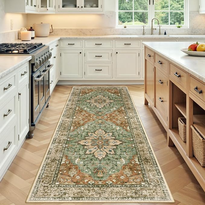RELEANY Area Rugs Runner 3'x8' Washable Non-Slip, Floral Vintage Distress by RELEANY