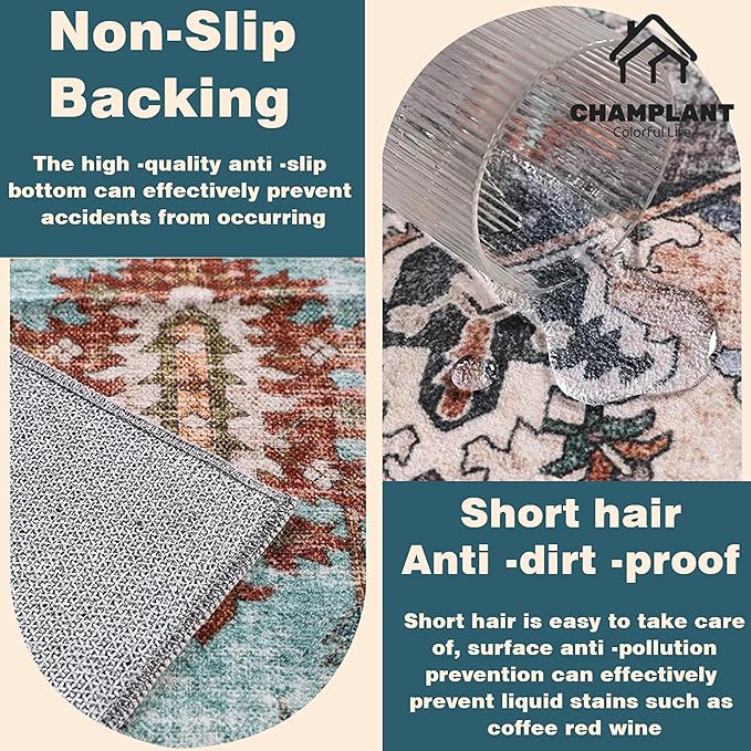 CHAMPLANT Washable Area Rug 10'x14' Cyan Khaki Retro Flowers Boho Design - Image 4