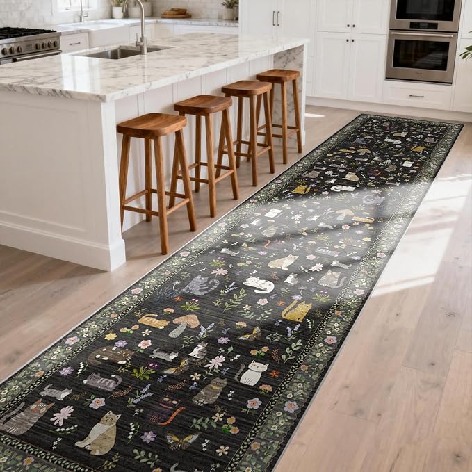 2x12 Washable Rug Runner, Non Slip Low Pile Hallway Cat Runner Rug, Stain - Image 2