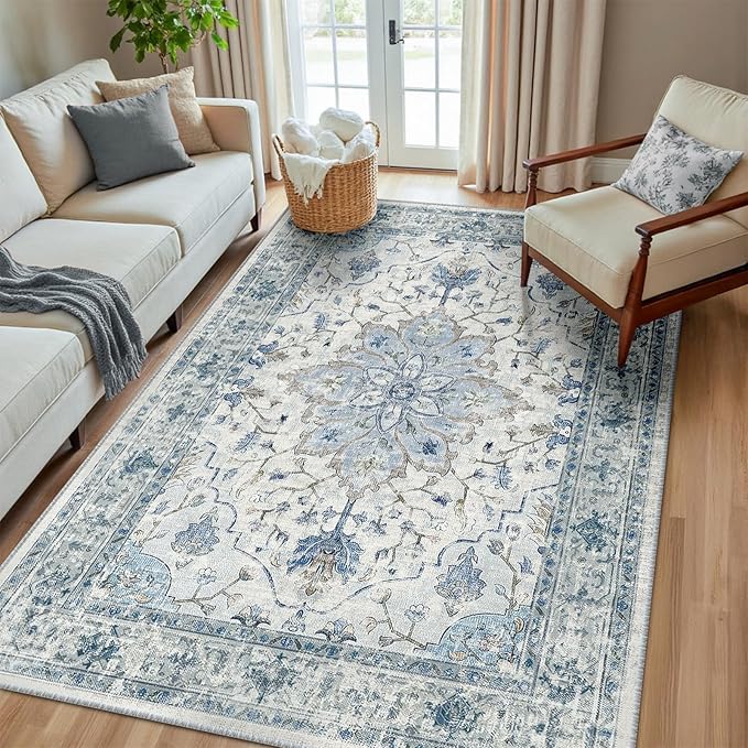RELEANY Area Rugs 6'x8' Washable Non-Slip, Floral Vintage Distress Medallion by RELEANY