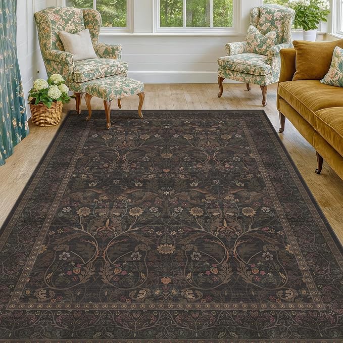 Washable 5x7 Dark Brown Rug for Living Room, Low Pile Soft Area Rugs for Bedroom by Evyhood
