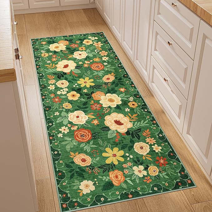 DUKINO 2x5 Runner Rug for Hallway, Washable Kitchen Floral Runner Rug by DUKINO