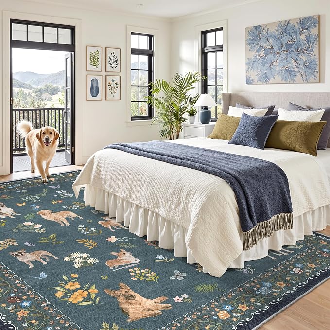 Soalmost Dog 8x10 Area Rugs for Living Room, Machine Washable Animal Floral - Image 4