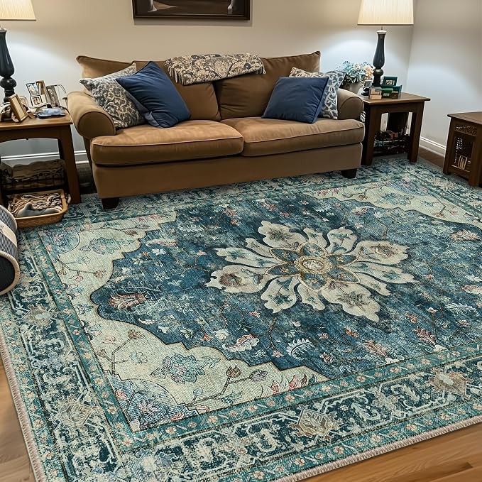 RELEANY Area Rugs 5'x7' Washable Non-Slip, Floral Vintage Distress Medallion by RELEANY