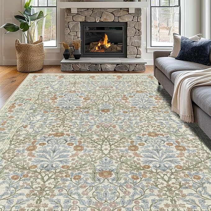 Vintage Beige Blue Living Room Rug, 8x10 Washable Area Rugs by Unknown