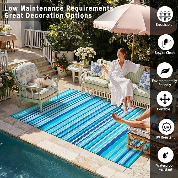 Outdoor Plastic Straw Rug Waterproof Patio 10x14 Blue Teal Stripe Mat - Image 4