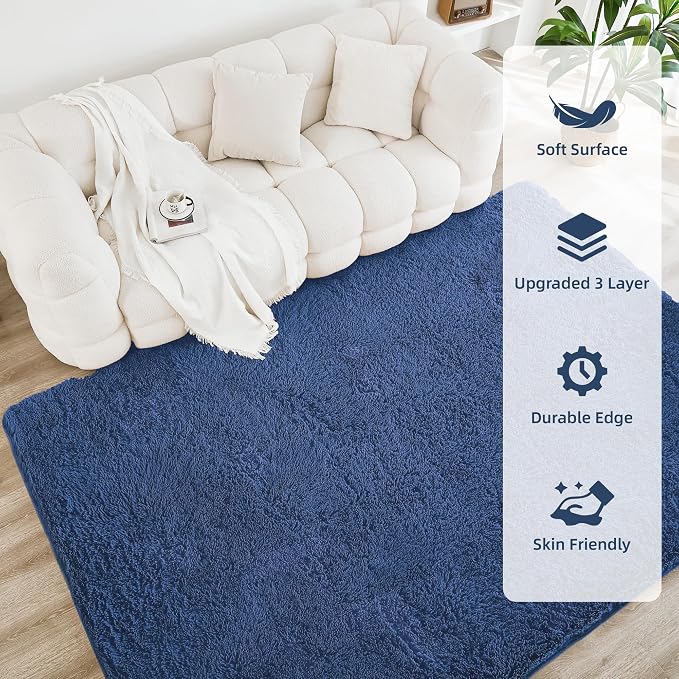 Litanika 4x6 Shag Area Rug for Living Room Bedroom, Dark Blue High Pile Ultra - Image 4