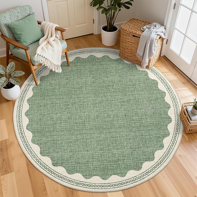 GarveeHome Scalloped Sage Green 4ft Round Rug Washable Non-Slip Soft Ultra-Thin by GarveeHome