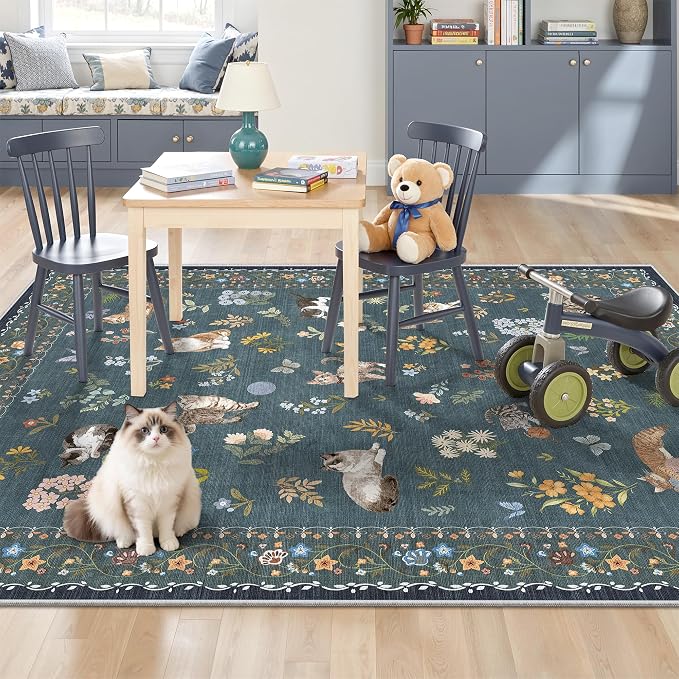 Soalmost Cat 4x6 Area Rugs, Machine Washable Animal Floral Accent Rug Non-Slip - Image 2