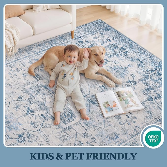 5x7 Area Rugs for Living Room:Blue Washable Vintage Medallion Boho Rug Non-Slip - Image 5