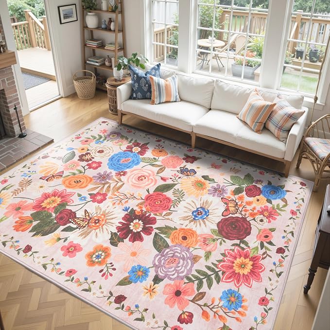Blush Area Rugs 10x14 for Living Room, Non Slip Machine Washable Floral Rugs - Image 6
