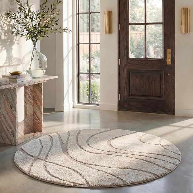 SAFAVIEH Florida Shag Collection 6'7" Round Cream/Beige SG471 Abstract Wave by Unknown