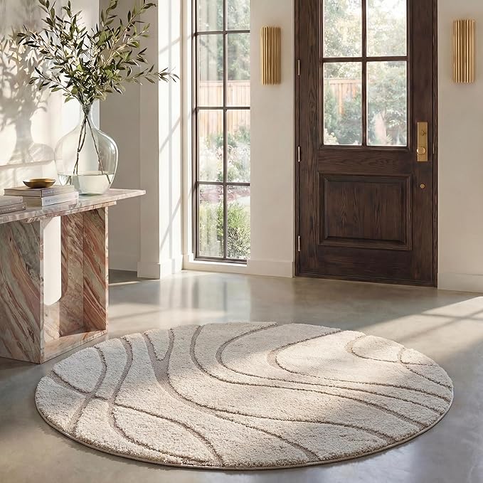 SAFAVIEH Florida Shag Collection 4' Round Cream/Beige SG471 Abstract Wave by Unknown