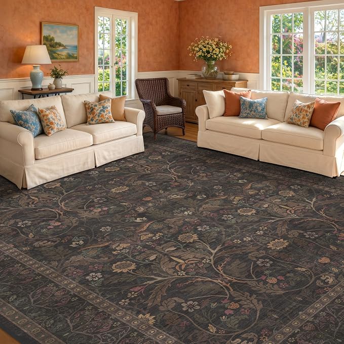 Washable 8x10 Area Rugs for Living Room, Moody Dark Floral Farmhouse Western by Evyhood