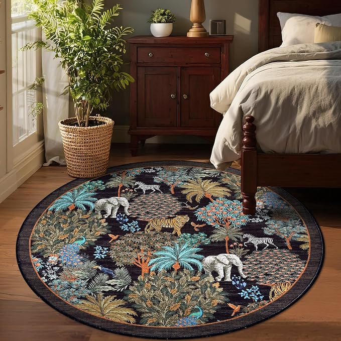 GarveeHome Jungle Round Washable Rugs 4ft Non-Slip Soft Round Rug - Image 2