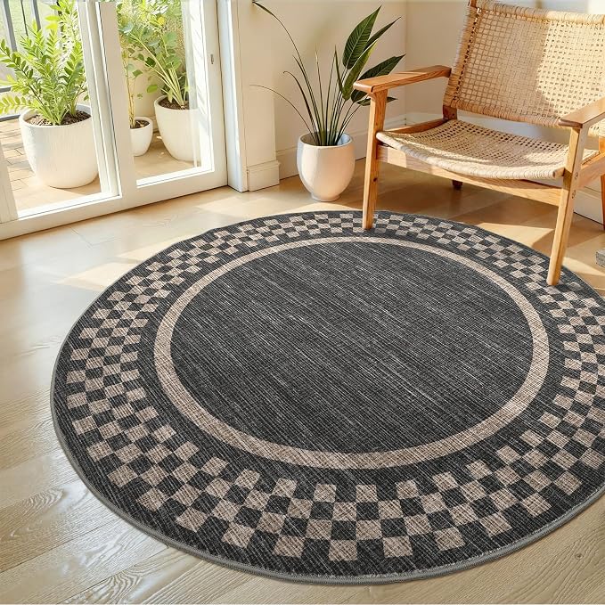 4ft Washable Round Rug for Entryway Modern Checkered Bedroom Circle Rug Non by GarveeHome