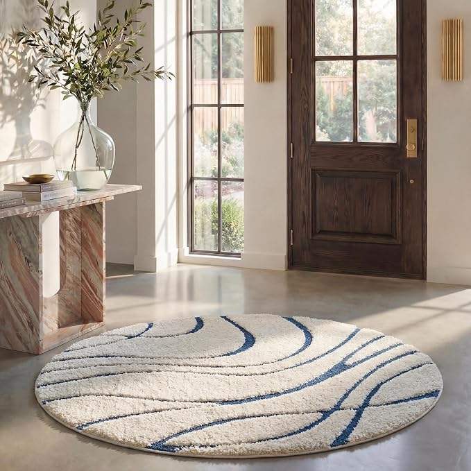 SAFAVIEH Florida Shag Collection 11' Round Cream/Blue SG471 Abstract Wave by Unknown