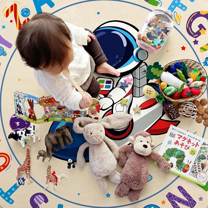 Washable Alphabet ABC Round Rug 3.14ft, Kids Astronaut Space Circle Carpet - Image 7