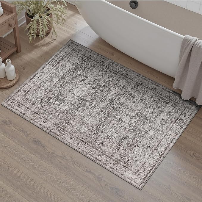 DCX Machine Washable Grey Entryway Rug 2x3, Non Slip Stain Resistant Vintage - Image 2