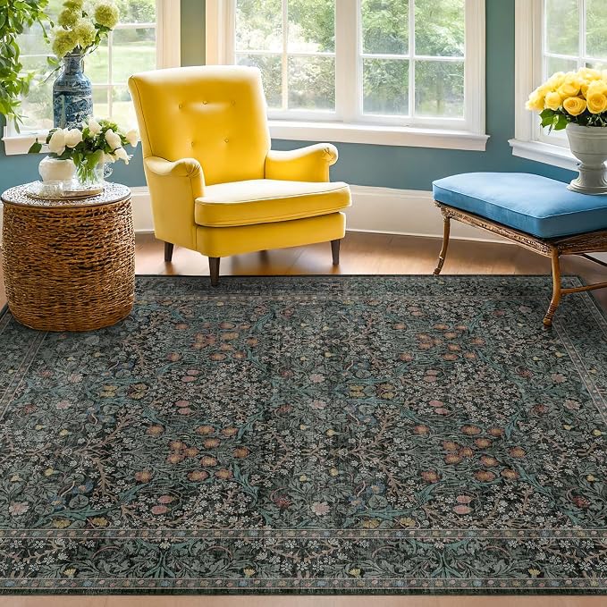Dark Green Floral Living Room Rug 5x7 Area Rug - Image 10