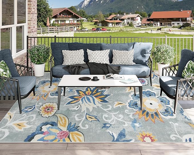 Lahome Floral Indoor Outdoor Rug 8x10, Non Slip Outdoor Patio Rug - Image 5