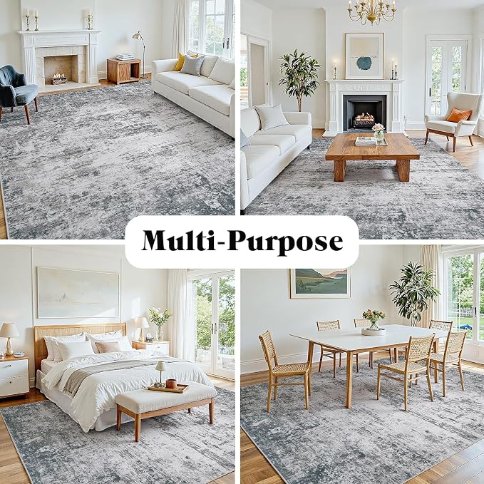Area Rug 9x12 Living Room Rug Washable: No-Slip Abstract Soft Thin Large Gray - Image 8
