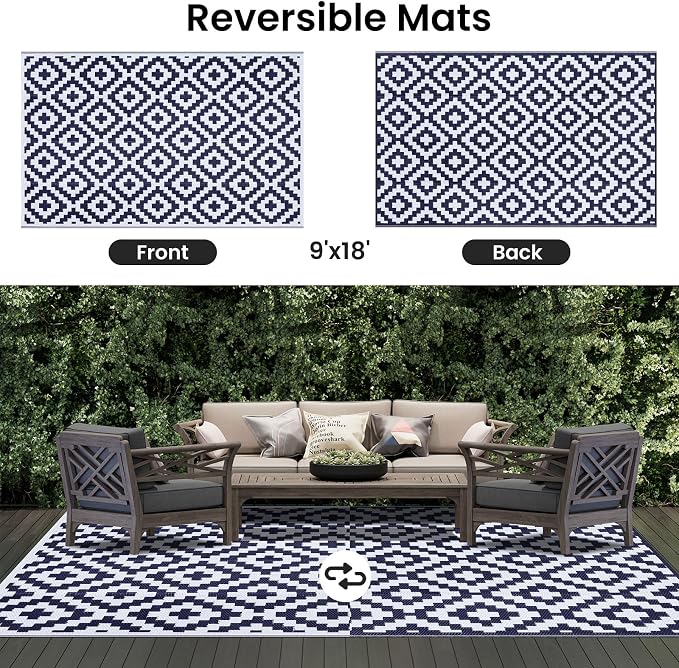 Smiry Waterproof Outdoor Rug 9X18 ft, Reversible Plastic Straw Patio Camping - Image 3