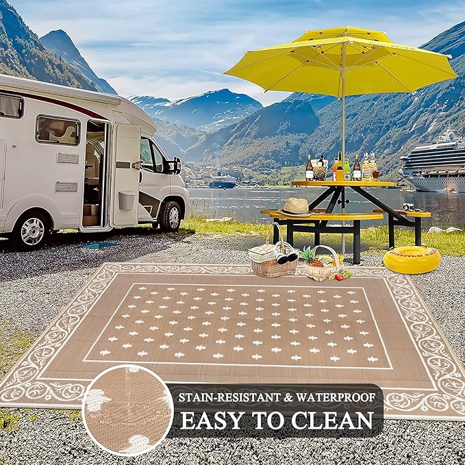 Pauwer Waterproof Outdoor Rug 10x14, Reversible Plastic Straw Patio Camping Rug - Image 4