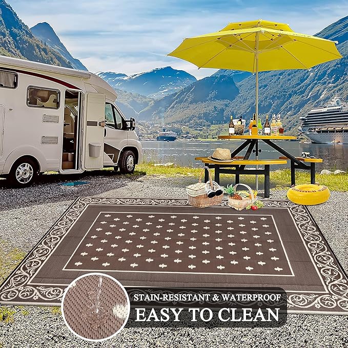 Pauwer Waterproof Outdoor Rug 10x14, Reversible Plastic Straw Patio Camping Rug - Image 5