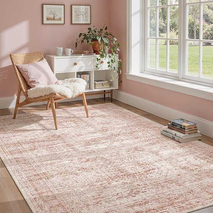 Soalmost 5x7 Area Rugs Pink Low Pile Indoor Washable Trendy Faded Style Rugs - Image 2
