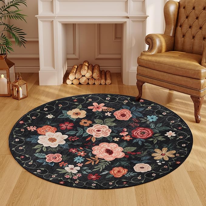 DUKINO Floral Round Rug, 4ft Washable Round Area Rug, Non Slip Indoor Low Pile - Image 5