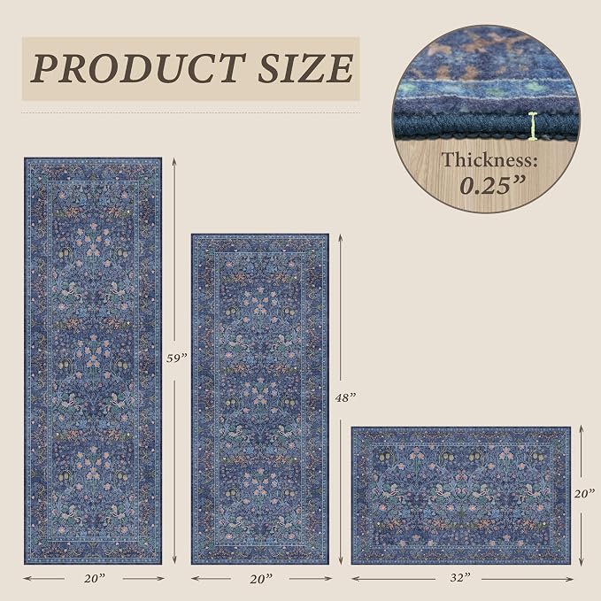 JTJ Dark Blue Kitchen Rugs Set of 3, Non Slip Washable Runner Mats, Vintage - Image 2