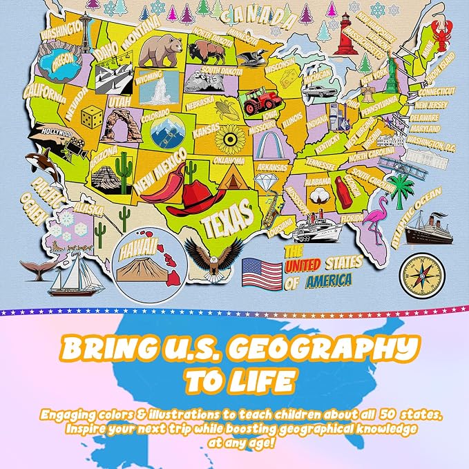 Educational USA Map Area Rug 8x10, Playroom Bedroom Classroom Rug - Image 2