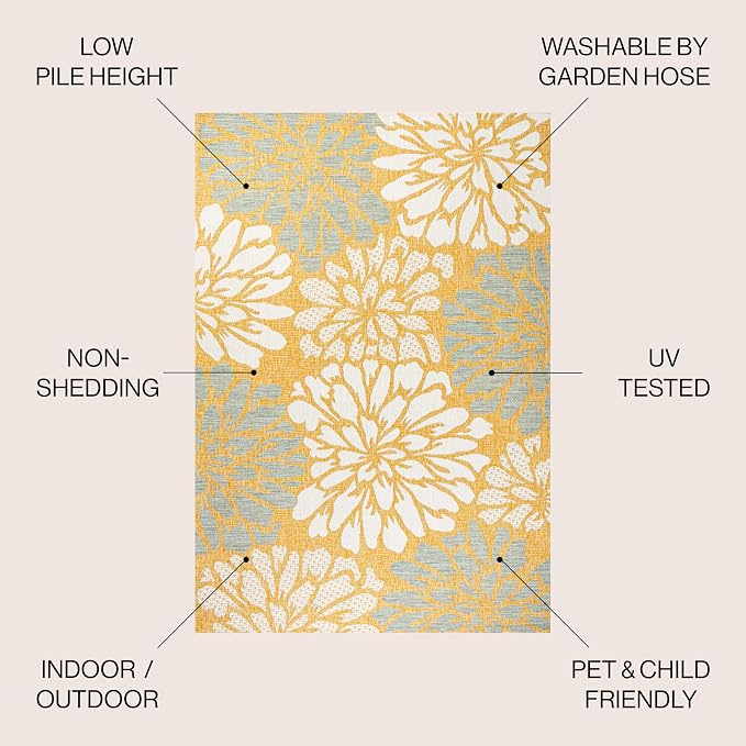 JONATHAN Y Floral Textured Weave Indoor Outdoor Square Area Rug 5X5 Yellow/Cream - Image 2