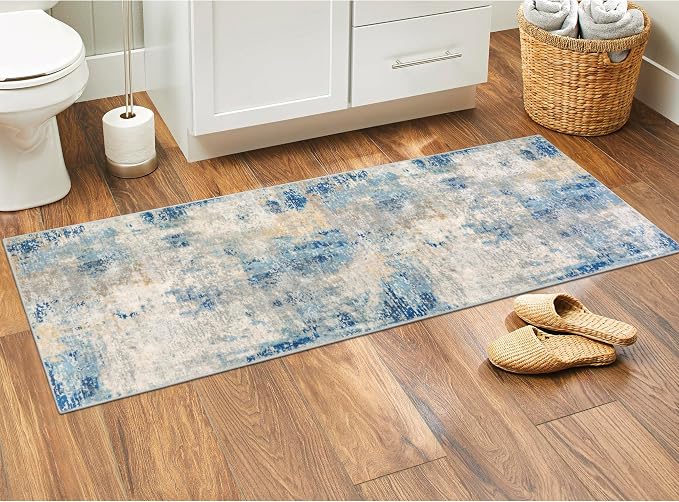 Lahome Modern Abstract Blue Bathroom Rug, 2x6 Washable Long Hallway Rug Soft - Image 2