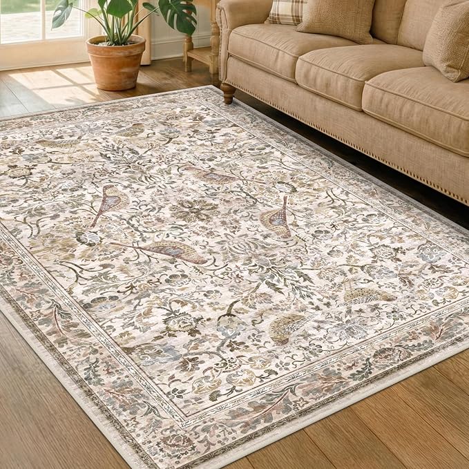 Washable 6x8 Floral Area Rug for Living Room, Boho Farmhouse Dining Room Rug by HazoHaus