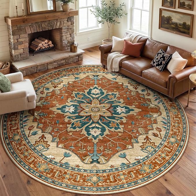 RELEANY Area Rugs Round 8ft Washable Non-Slip, Floral Vintage Distress by RELEANY
