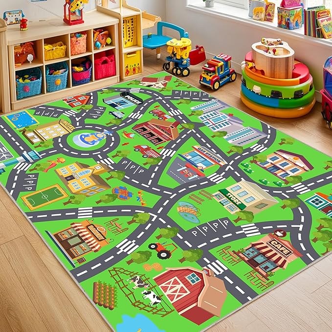 Kids Room Rug - Soft & Non-Slip 4x5 Ft Town Car Rugs City Map Play Mat by OHDS