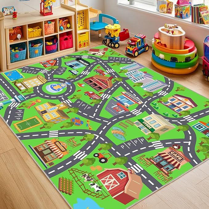 Kids Room Rug - Soft & Non-Slip 3x4 Ft Town Car Rug City Map Play Mat, by OHDS