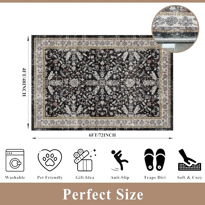 4x6 Kitchen Rug Non-Slip Washable – Boho Vintage Low-Pile Soft Area Carpet - Image 2