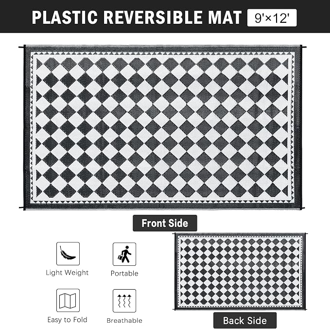 HUGEAR Outdoor Waterproof Rug 9'x12' Plastic Straw Rugs Washable Reversible - Image 2