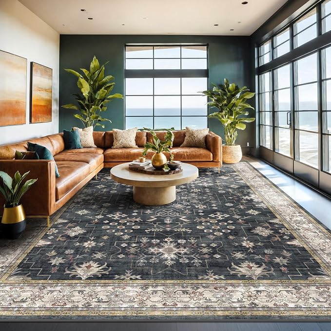 Black Boho Rug for Living Room 9x12 by HazoHaus