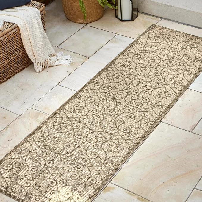 JONATHAN Y Vintage Filigree Indoor Outdoor Runner Rug 2X8 Beige/Brown, Madrid - Image 3