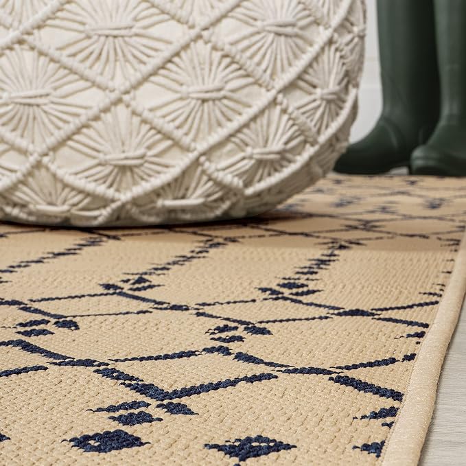 JONATHAN Y Moroccan Geometric Indoor Outdoor Round Area Rug 5 Ft Beige/Navy - Image 4