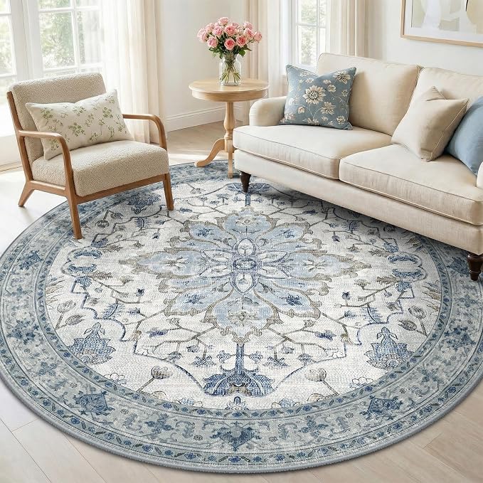 RELEANY Area Rugs Round 5ft Washable Non-Slip, Floral Vintage Distress - Image 2