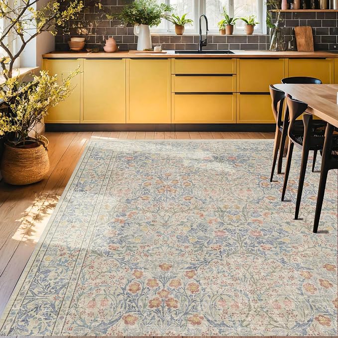 Vintage Washable Beige Blue 10x12 Rug - Image 6