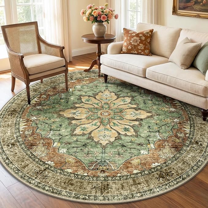 RELEANY Area Rugs Round 6ft Washable Non-Slip, Floral Vintage Distress by RELEANY