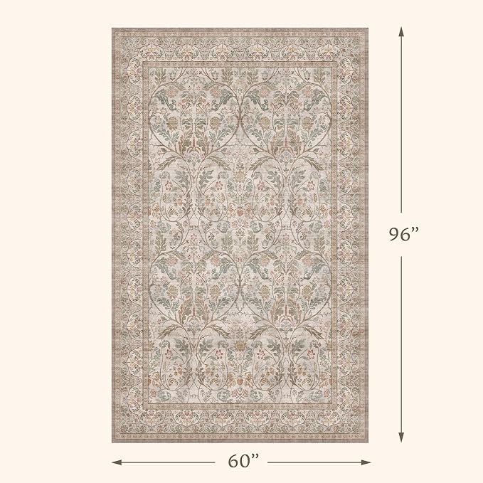 Vintage Floral 5x8 Dining Room Rug, Machine Washable Moss Green Living Room - Image 2