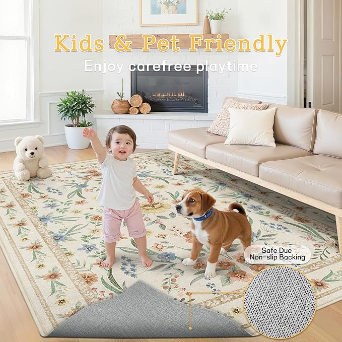 Beige Floral Area Rug 5x7, Neutral Washable Girls Bedroom Rug - Image 6