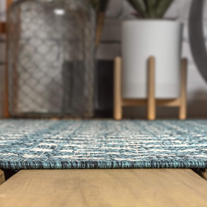 JONATHAN Y Moroccan Geometric Indoor Outdoor Round Area Rug 9 Ft Teal/Gray - Image 6